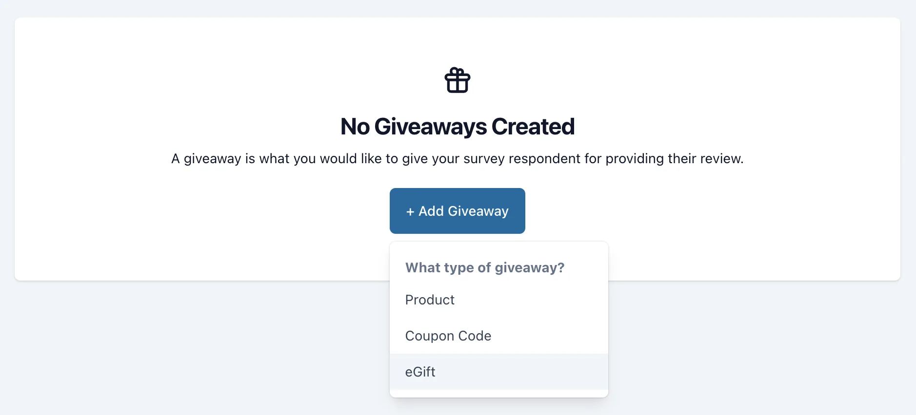On the giveaway page, click "Add Giveaway" and then select "Coupon."